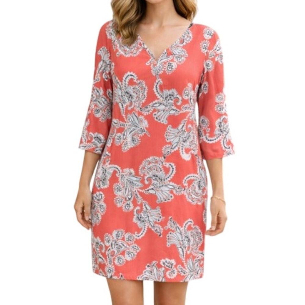 Ruby Rd Dress Womens M Coral‎ Paisley V Neck Stretch 3/4 Sleeve Shift Effortless